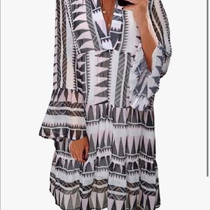 Long Sleeve V Neck Tunic Midi Dress